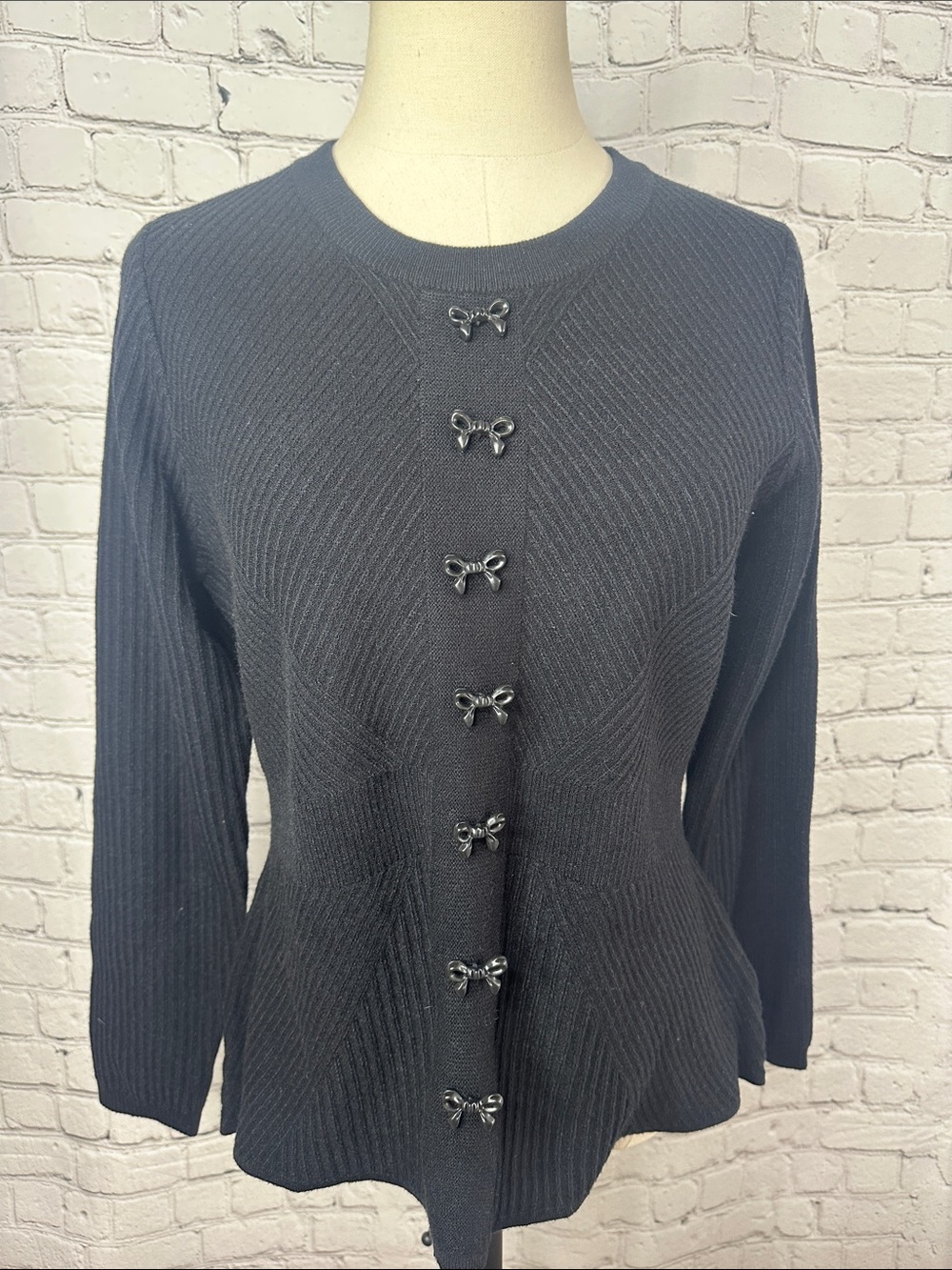 Nanette Lepore Black Long Sleeve Peplum Sweater w/ Black Bow buttons Size L NEW